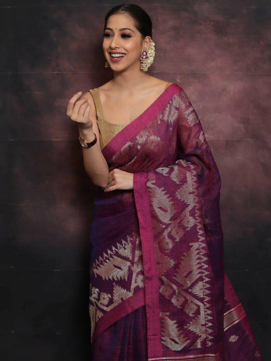 Exclusive Collection Brown Beautiful Linen Jamdani Saree - Swadesiicart