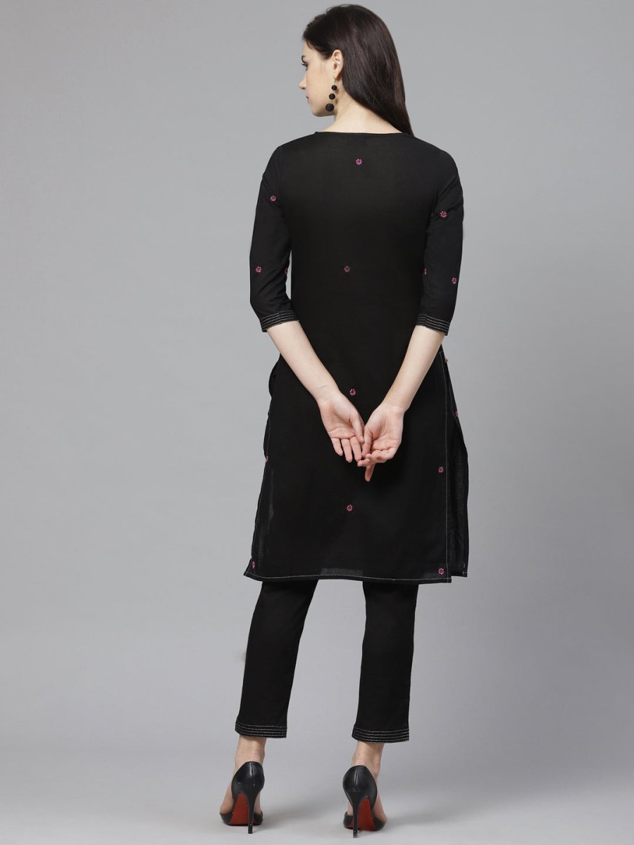 ADA Women Black & Pink Chikankari Embroidered Sustainable Handloom Kurta with Trousers | Swadesiicart