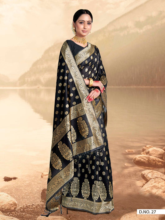 Vardha Black Woven Zari Florals Banarasi Saree | Swadesiicart