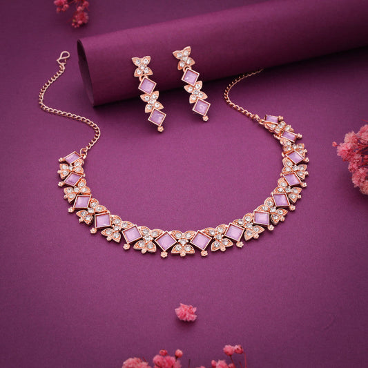 Tehzeeb Creations Rose Gold-Polished Lavender Choker Necklace With Dangle Earrings - Swadesiicart