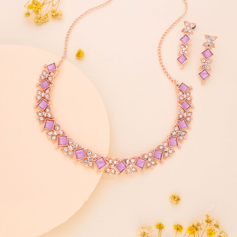 Tehzeeb Creations Rose Gold-Polished Lavender Choker Necklace With Dangle Earrings - Swadesiicart