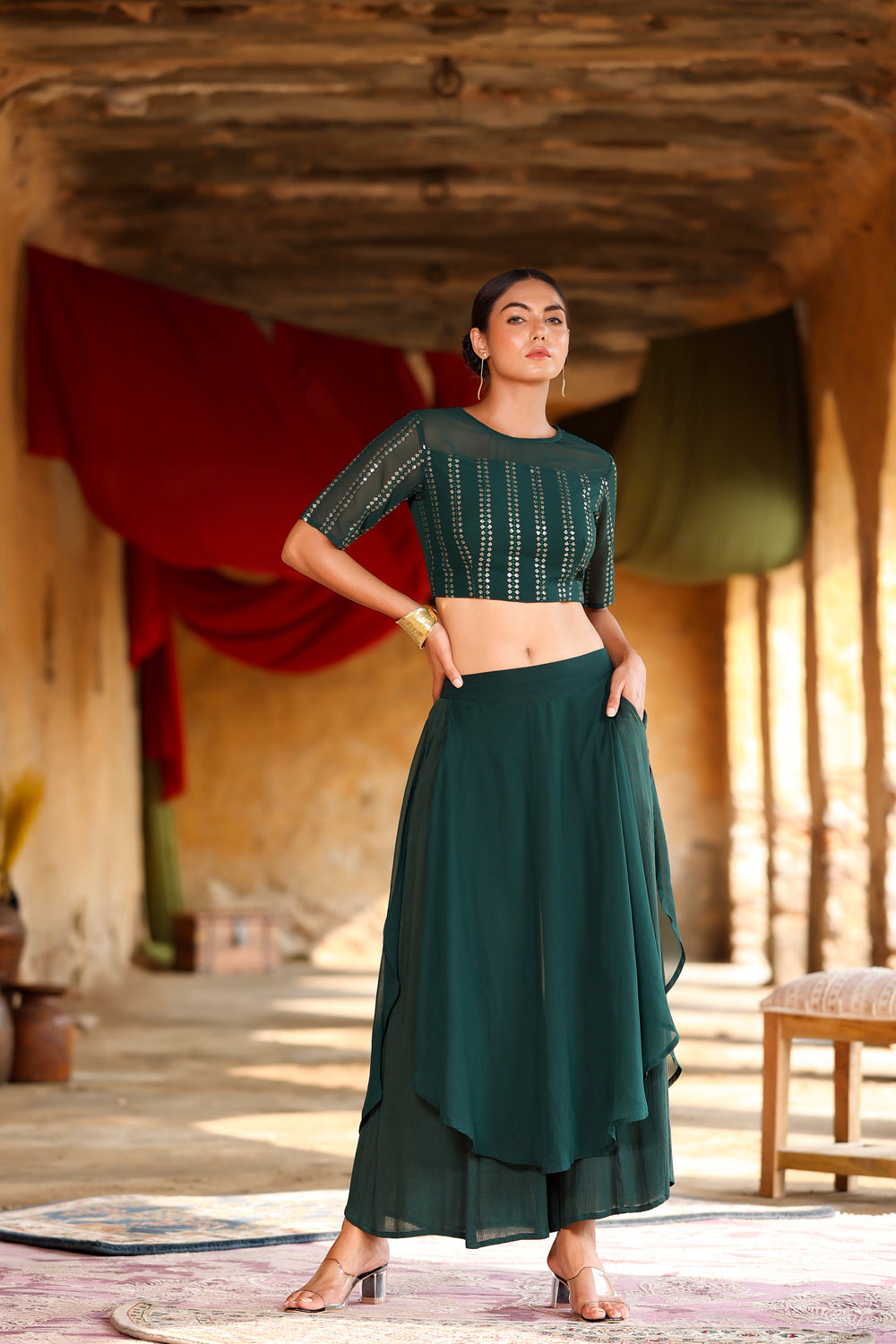 Juniper Women's Green Georgette Solid Fitted Clothing Set - Swadesiicart
