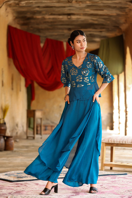 Juniper Women's Teal Georgette Solid Peplum Clothing Set | Swadesiicart