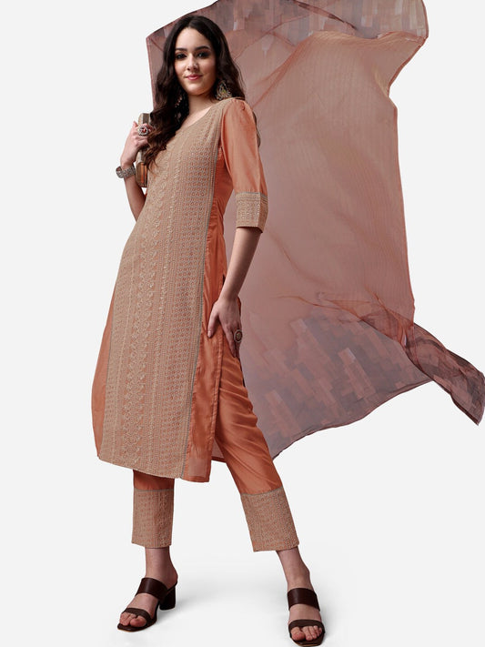 HERE&NOW Lucknowi Chikankari Schiffli Chanderi Silk Kurta Trousers with Organza Dupatta | Swadesiicart
