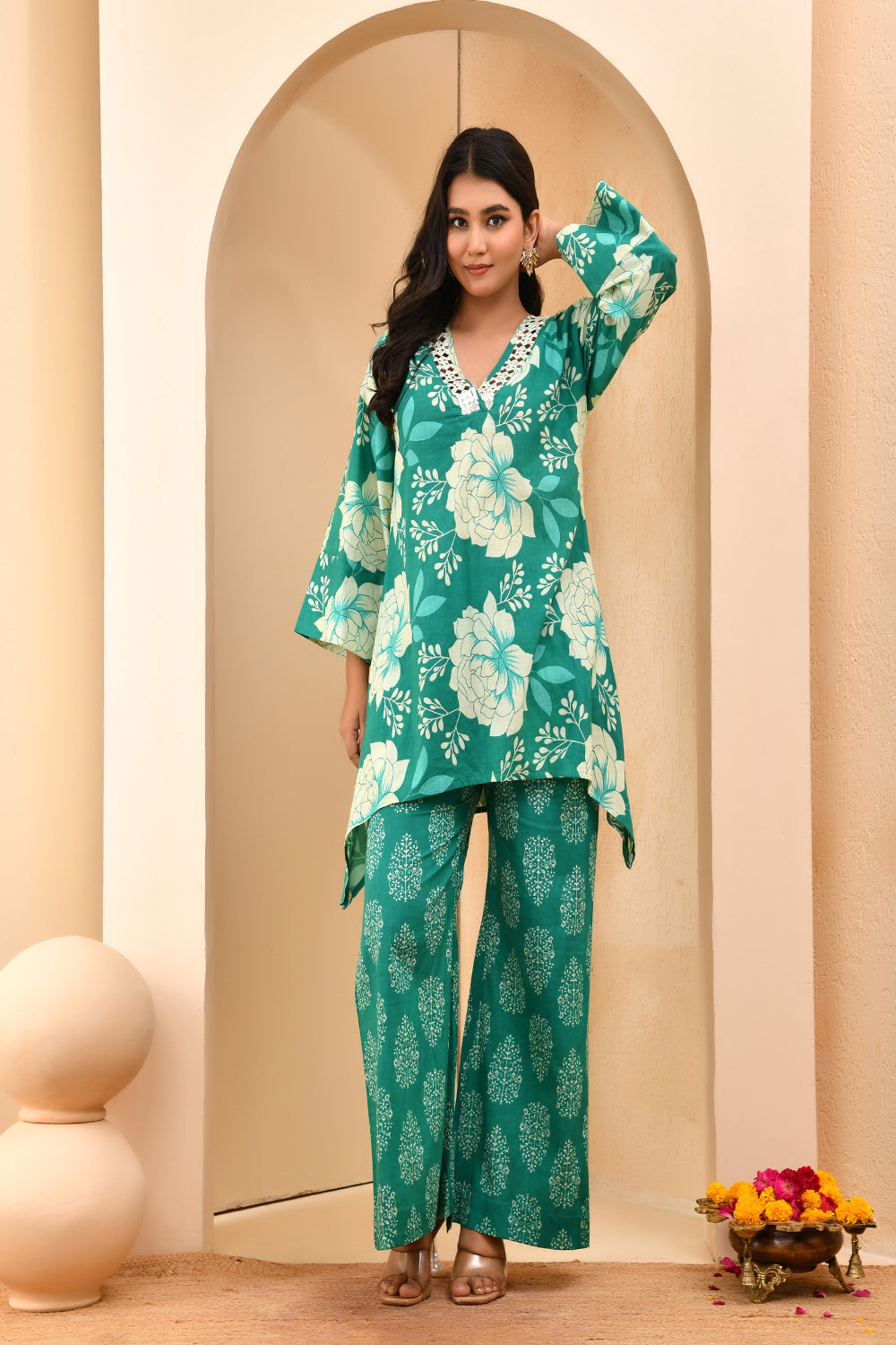 Vaasva Women Turquoise Cotton Cord Set With Printed Pants - Swadesiicart