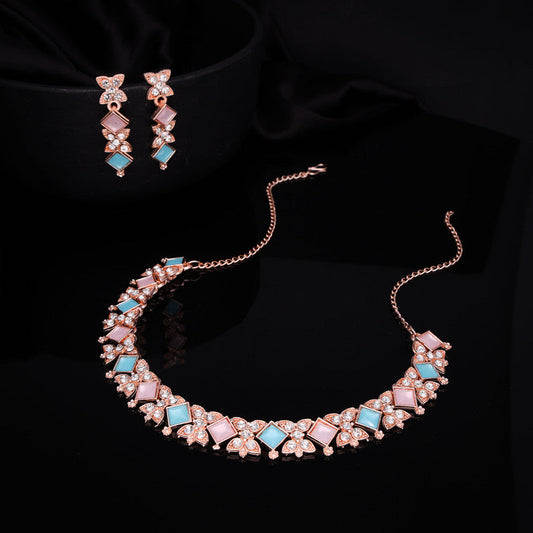 Tehzeeb Creations Rose Gold-Polished Sky & Baby Pink Choker Necklace With Dangle Earrings - Swadesiicart