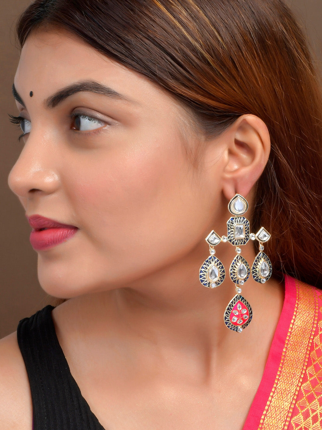 Shoshaa Gold-Polished Balck & Pink Kundan Enamel Drop Earrings | Swadesiicart