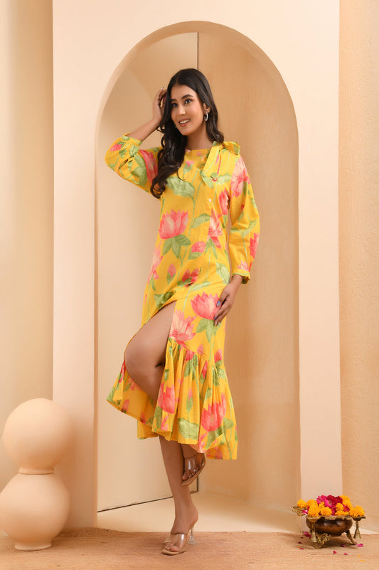Vaasva Women Floral Printed Lemon Dress | Swadesiicart