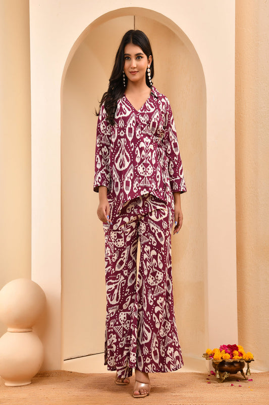 Vaasva Women Ikat Cord Set With Bell Bottom Pants - Swadesiicart