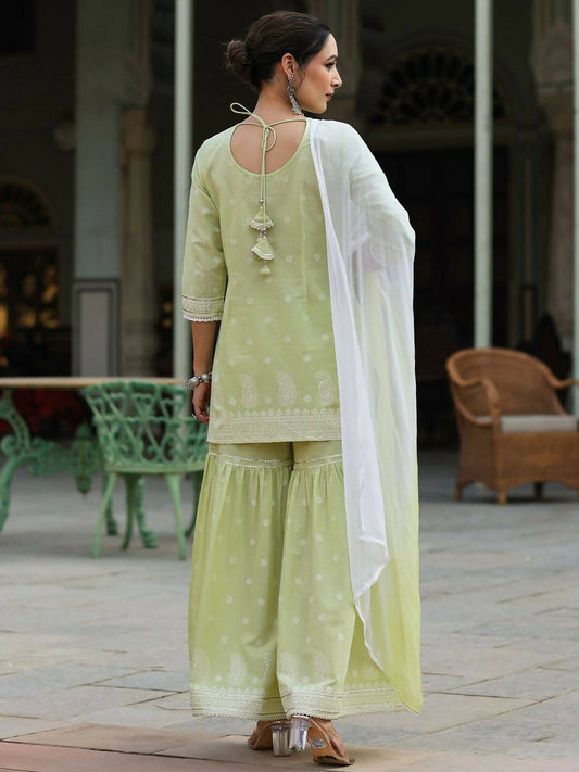 Juniper Women's Lime Green Cambric Floral Print Kurta Sharara Sets | Swadesiicart