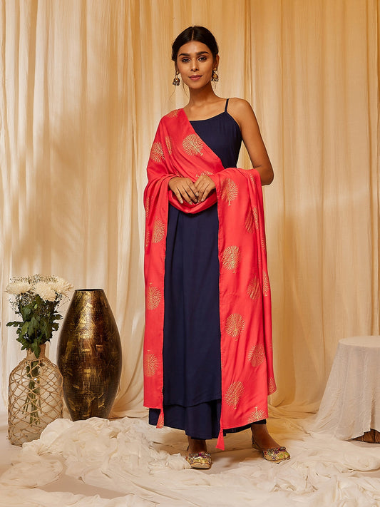 InWeave Women's Navy Blue Strappy Kurta Palazzo Set With Red Gold Dupatta - Swadesiicart