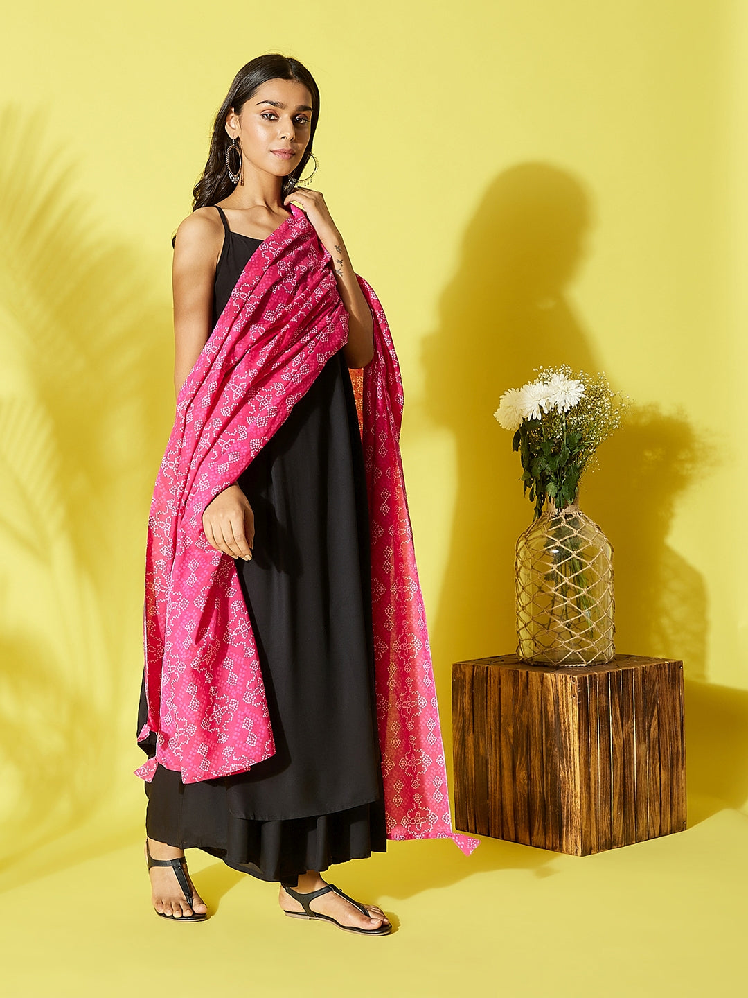 InWeave Women's Black Strappy Kurta Palazzo Set With Pink Bandhini Dupatta - Swadesiicart