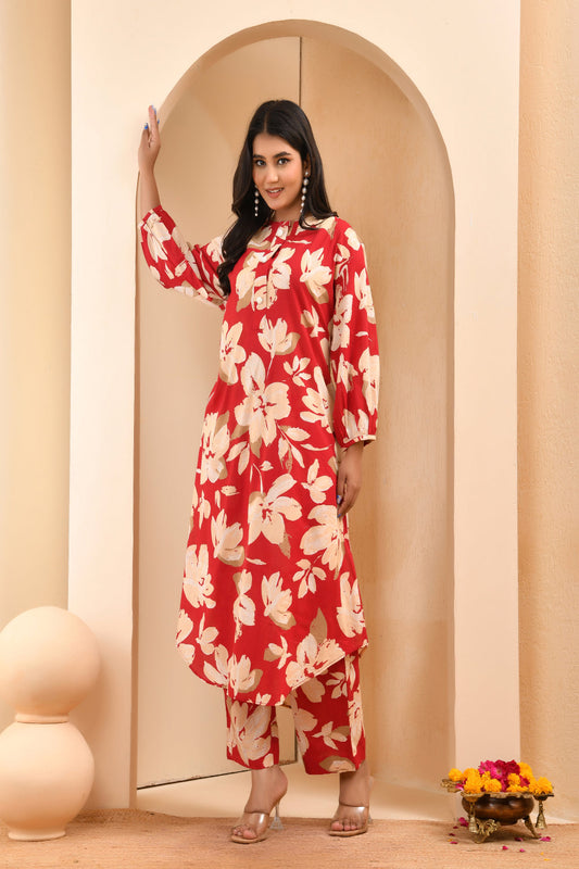 Vaasva Women Cherry Red Floral Aline Printed Cord Set - Swadesiicart