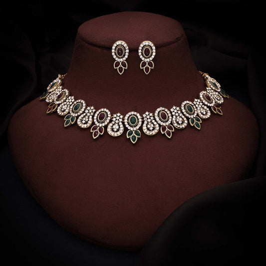 Tehzeeb Creations Gold-Polished Green And Maroon Colour Choker With Dangle Earrings - Swadesiicart