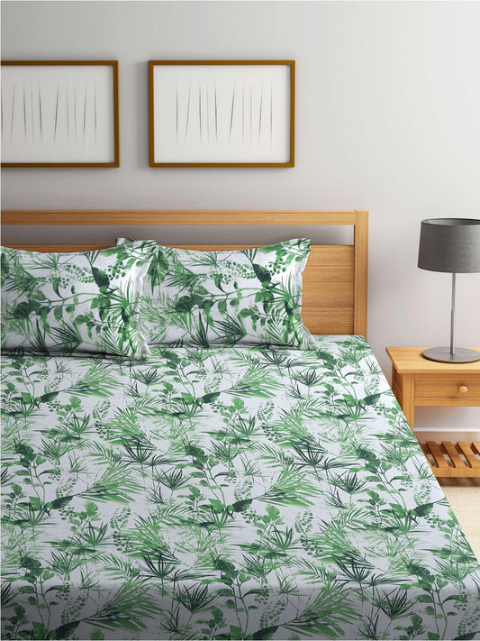 BOMBAY DYEING Serenita Green Printed Cotton 144 TC King Bedsheet with 2 Pillow Covers - Swadesiicart