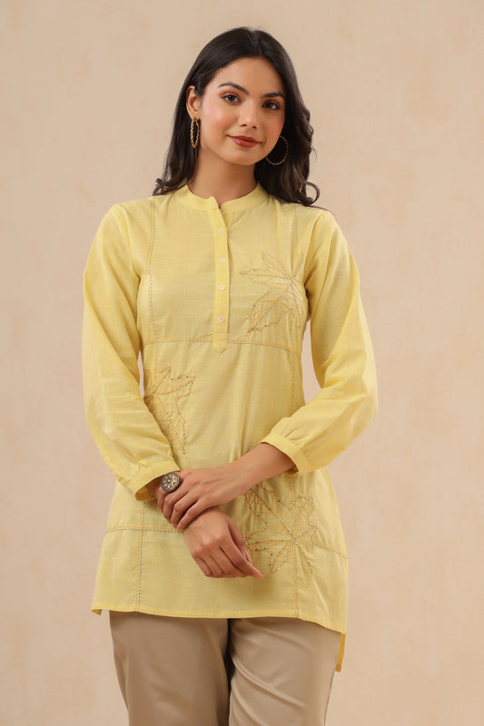 Juniper Womens Yellow Cotton Slub Embroidered High Low Tunic | Swadesiicart