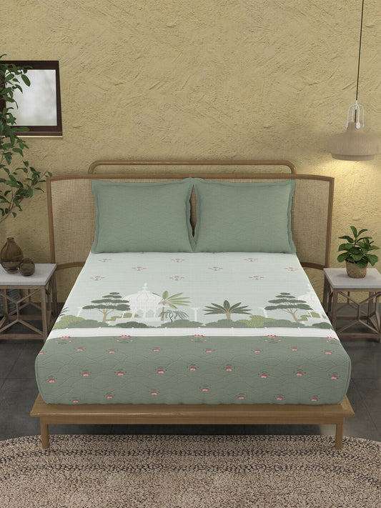 MYTRIDENT Green & White Ethnic Motifs Cotton 144 TC King Bedsheet With 2 Pillow Covers - Swadesiicart