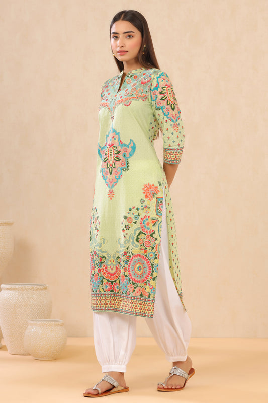 Juniper Pista Green Ethnic Motif Printed Pure Cotton Straight Kurta - Swadesiicart