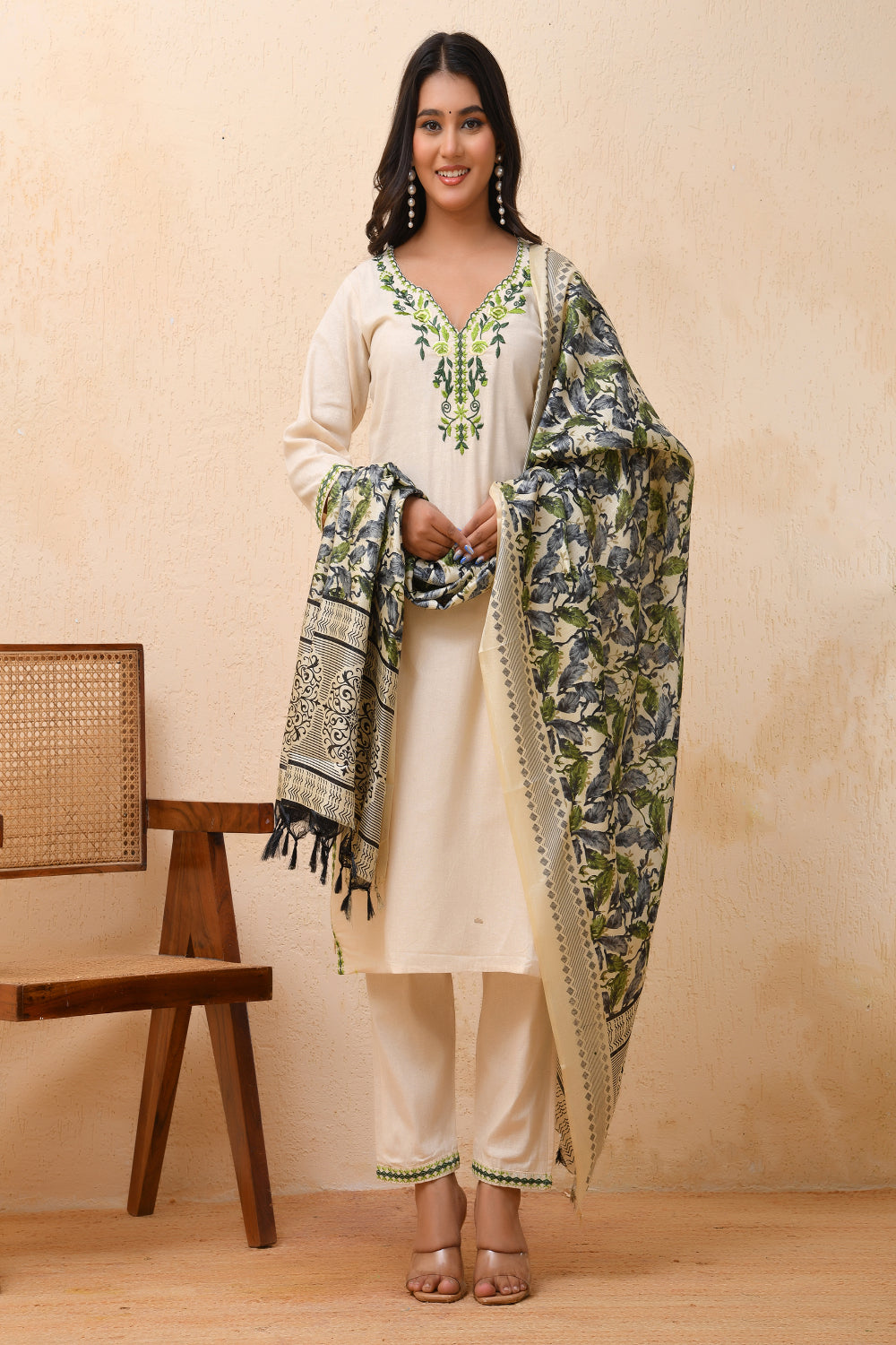 Vaasva Women Cream Embroidered Suit Set | Swadesiicart