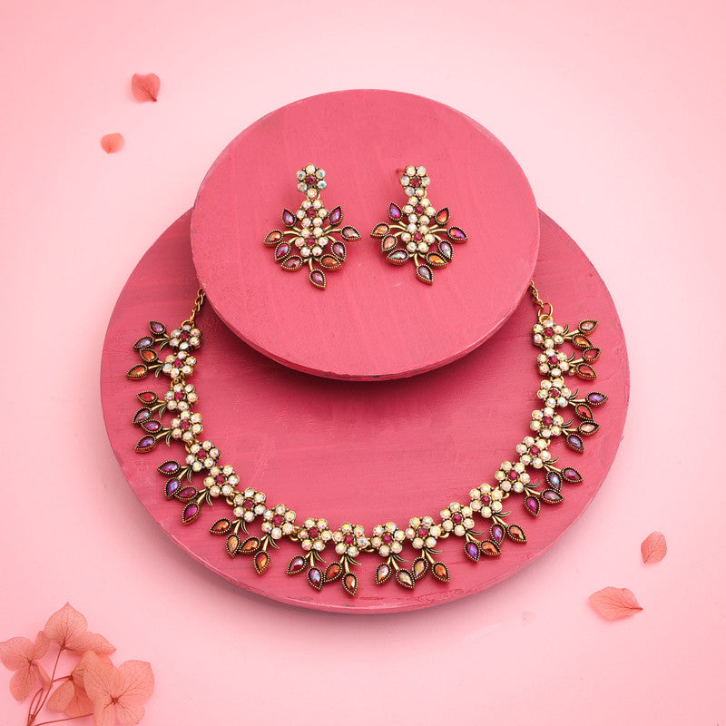 Tehzeeb Creations Gold-Polished Pink Colour Choker With Dangle Earrings - Swadesiicart