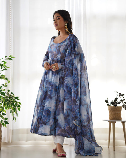 Lorenvalley Navyblue Soft Organza Silk With Marble Print Anarkali Pant With Dupatta Set - Swadesiicart