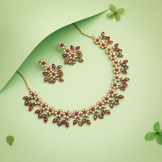 Tehzeeb Creations Gold-Polished Pink Colour Choker With Dangle Earrings - Swadesiicart