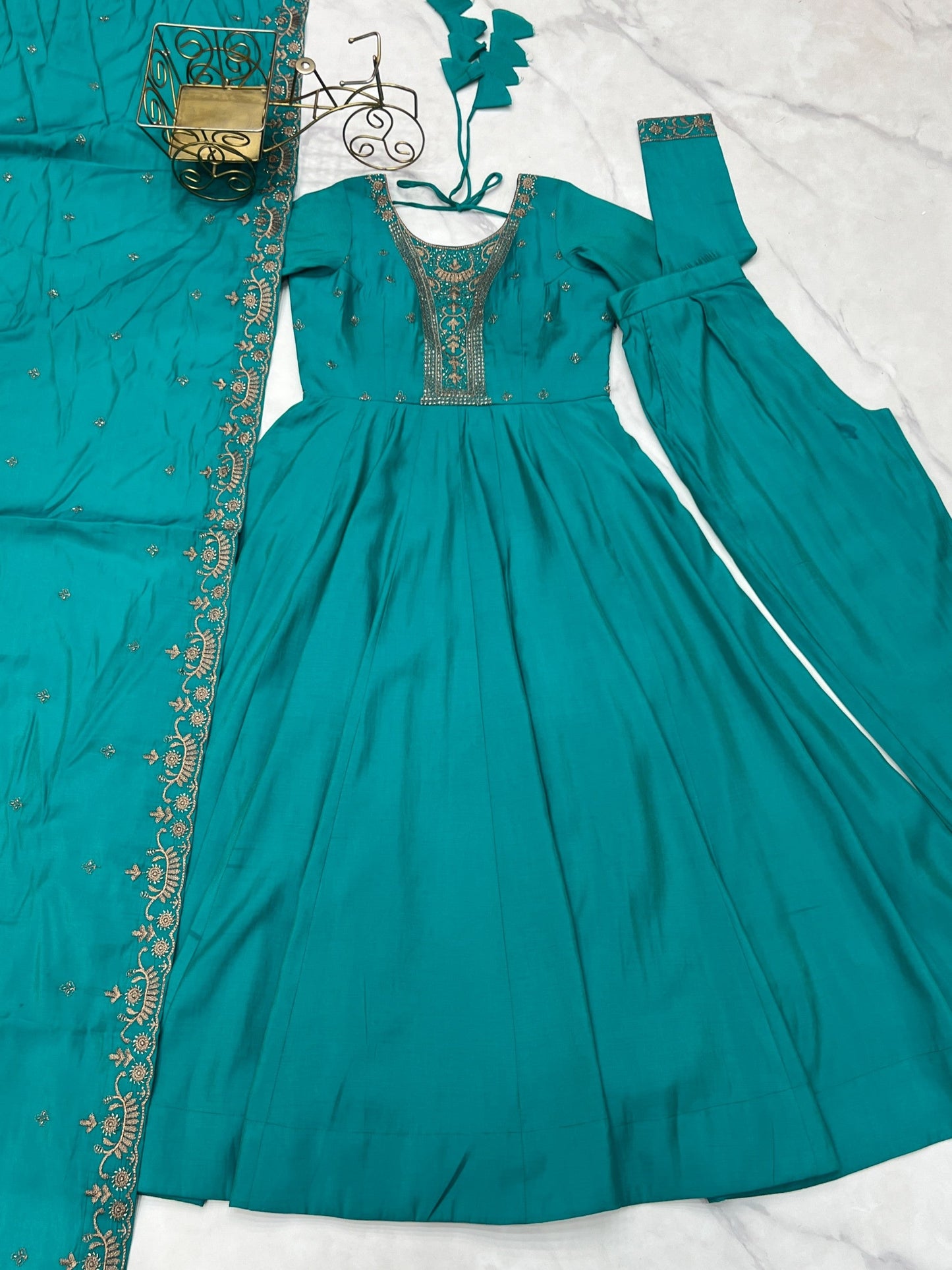 Lorenvalley Fashion Rama Roman Shimmer Silk Yoke Fancy Handwork Beads Work Anarkali Gown Pant With Dupatta Set - Swadesiicart
