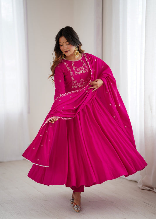 Lorenvalley Fashion Darkpink Pure Roman Chanderi Silk Yoke Fancy Handwork Beads Work Anarkali Gown Pant With Dupatta Set - Swadesiicart