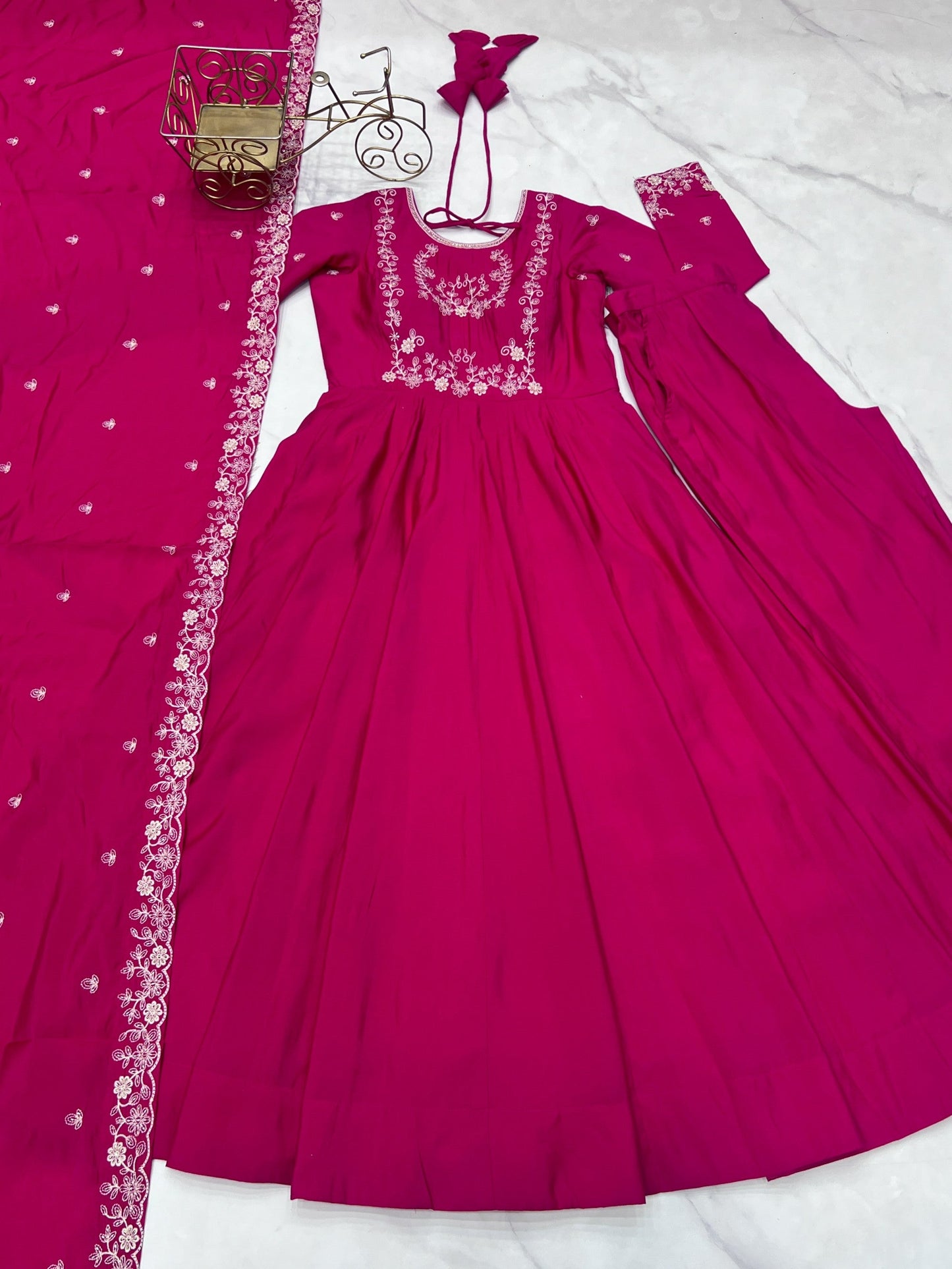 Lorenvalley Fashion Darkpink Pure Roman Chanderi Silk Yoke Fancy Handwork Beads Work Anarkali Gown Pant With Dupatta Set - Swadesiicart