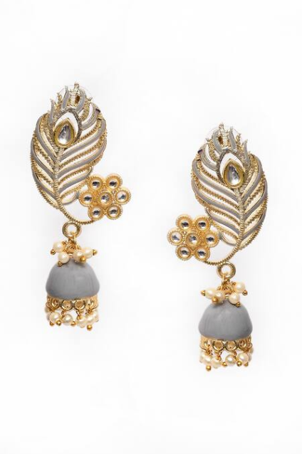 Peacock Feather Pattern Gray Jhumki Drop Earrings for Womens by House of Ree | Swadesiicart