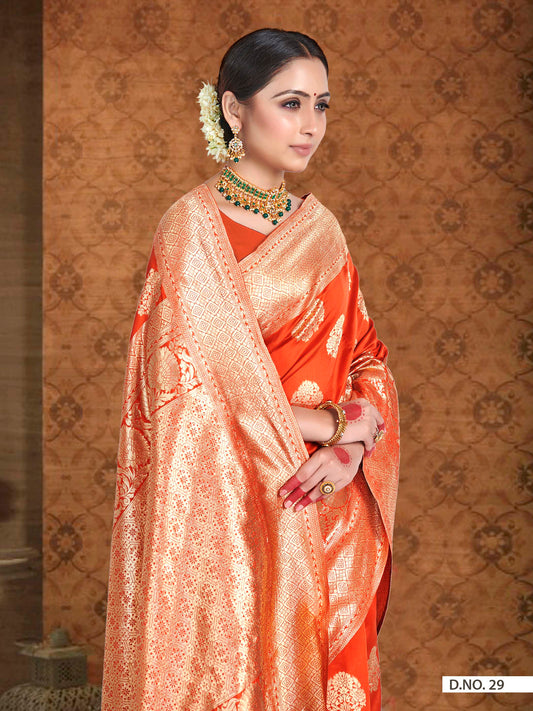 Vardha Fire Orange Woven Banarasi Saree | Swadesiicart