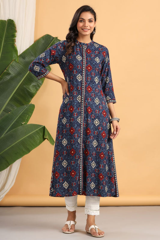 Juniper Womens Indigo Rayon Printed A-Line Kurta - Swadesiicart