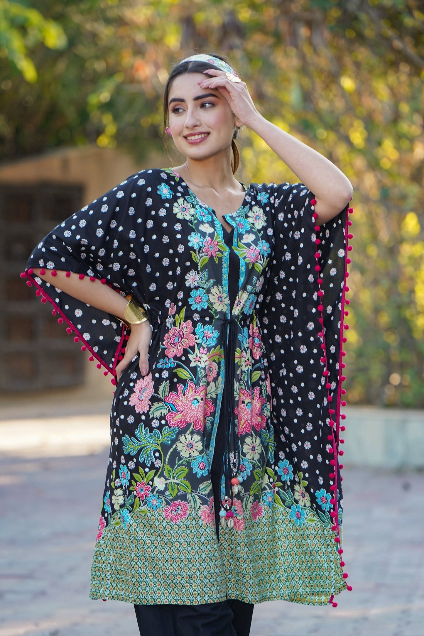 Juniper Womens Black Rayon Multi Color Floral Printed Kaftan | Swadesiicart