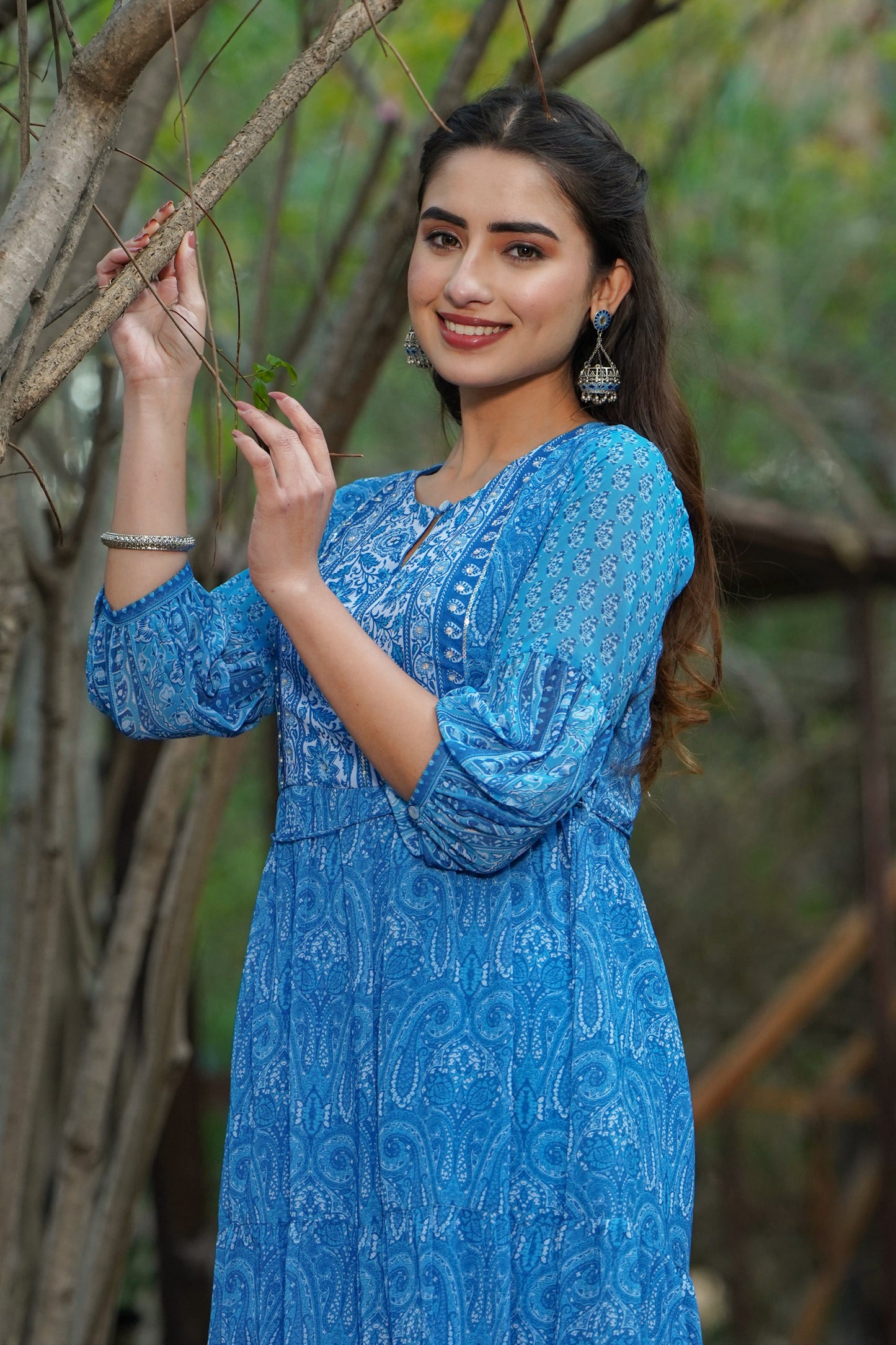 Juniper Womens Blue Georgette Floral Printed Tiered Dress | Swadesiicart