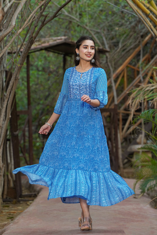 Juniper Womens Blue Georgette Floral Printed Tiered Dress | Swadesiicart