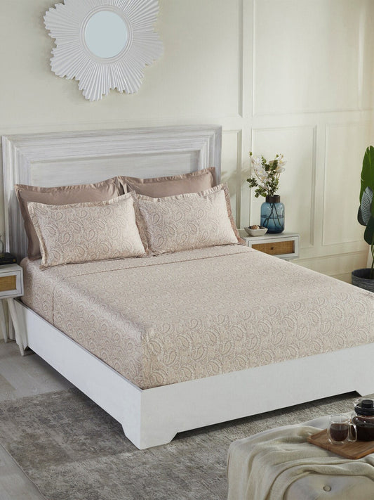 MYTRIDENTBeige White Ethnic Motifs 100% Cotton 400 TC King Bedsheet with 4 Pillow Covers - Swadesiicart