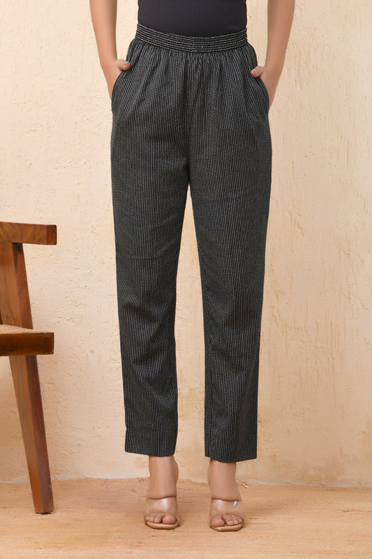 Vaasva Women Black Kantha Straight Fit Pants | Swadesiicart