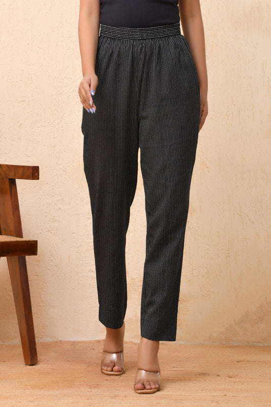 Vaasva Women Black Kantha Straight Fit Pants | Swadesiicart