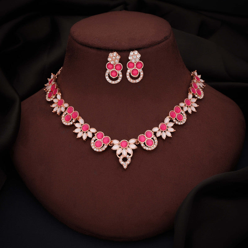 Tehzeeb Creations Gold Pleate Pink Choker Necklace With Stud - Swadesiicart