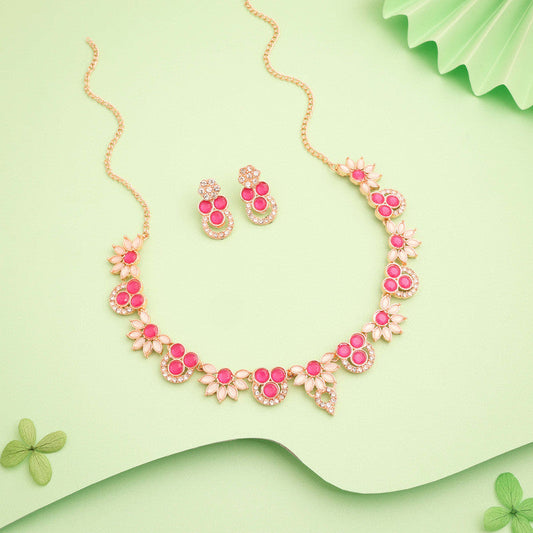 Tehzeeb Creations Gold Pleate Pink Choker Necklace With Stud - Swadesiicart