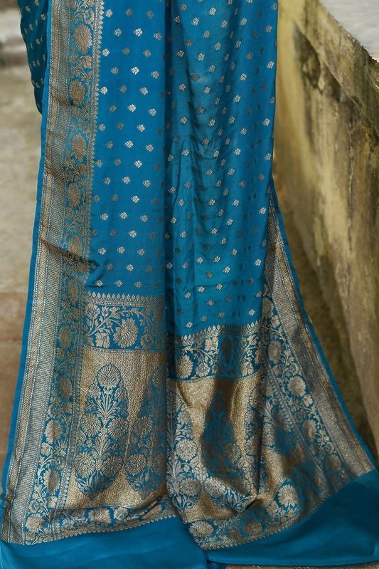 Joban Fashion Peacock Crepe Chiffon Pure Handloom Banarasi Silk Saree | Swadesiicart