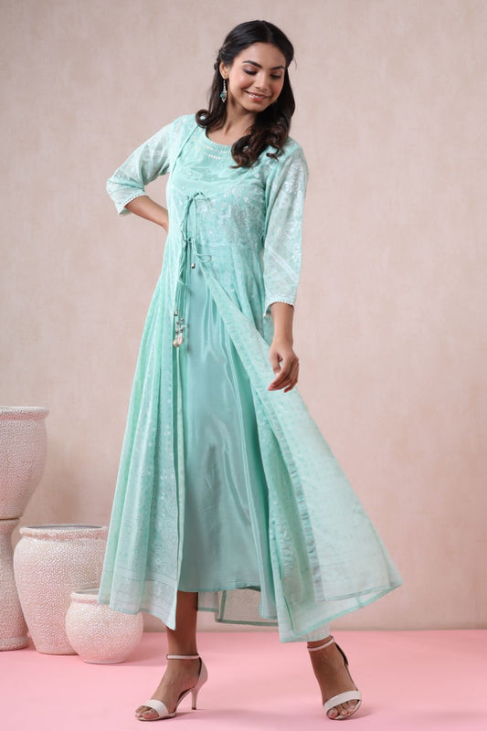 Juniper Womens Mint Georgette Foil Printed Double Layred Anarkali Dress | Swadesiicart