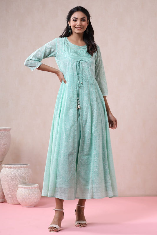 Juniper Womens Mint Georgette Foil Printed Double Layred Anarkali Dress | Swadesiicart