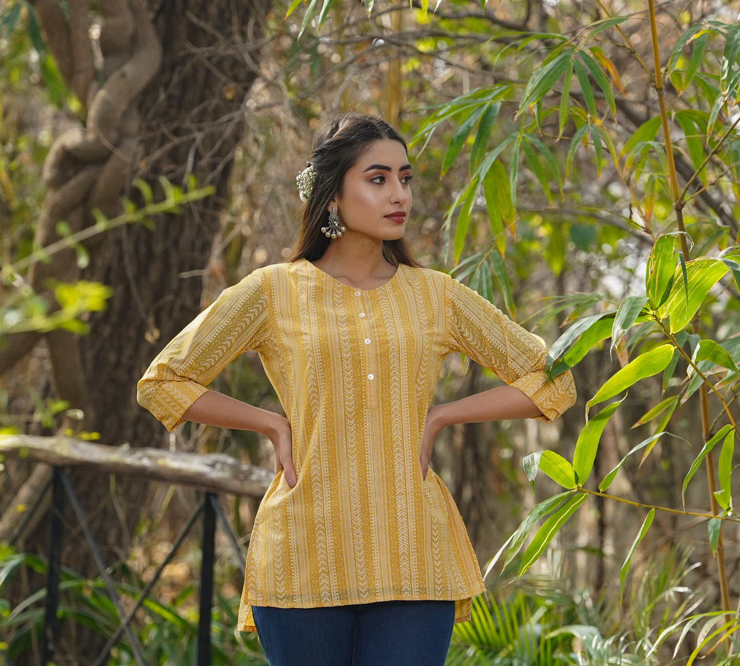Juniper Women Yellow Georgette Printed High-Low Tunic | Swadesiicart
