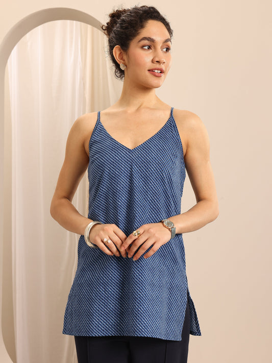 Libas Blue Printed Cotton Blend Straight Short Kurti