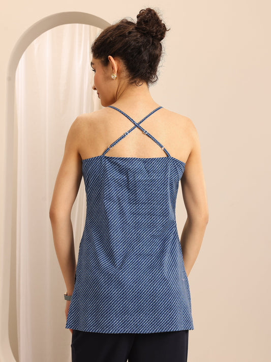 Libas Blue Printed Cotton Blend Straight Short Kurti