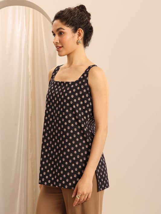 Libas Black Printed Cotton Blend Straight Short Kurti