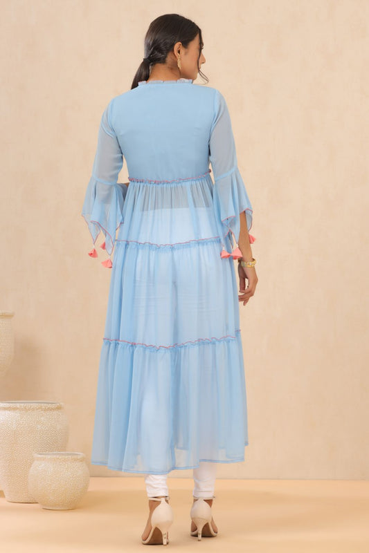 Juniper Womens Powderblue Chiffon Embroidered Tiered Kurta | Swadesiicart