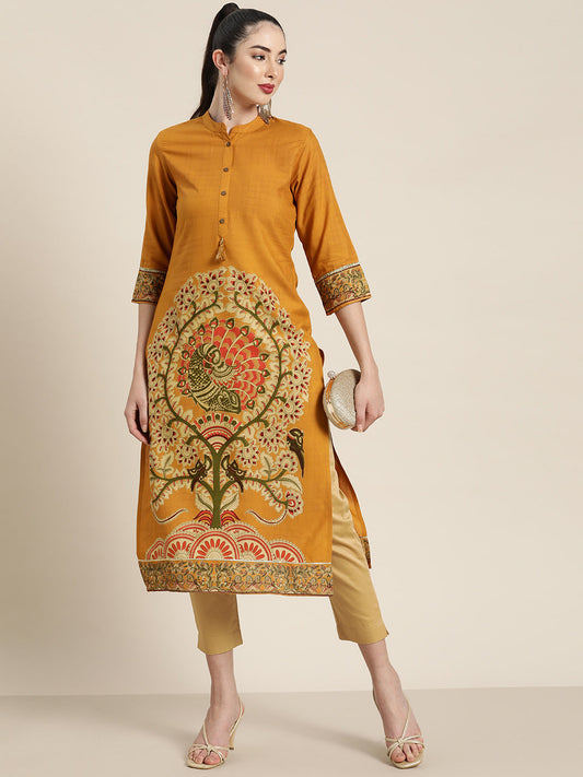 Juniper Mustard Ethnic Motif Printed Rayon Straight Kurta With Buttons & Tassels - Swadesiicart
