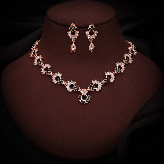 Tehzeeb Creations Gold-Polished Green Diamond Necklace With Earrings - Swadesiicart